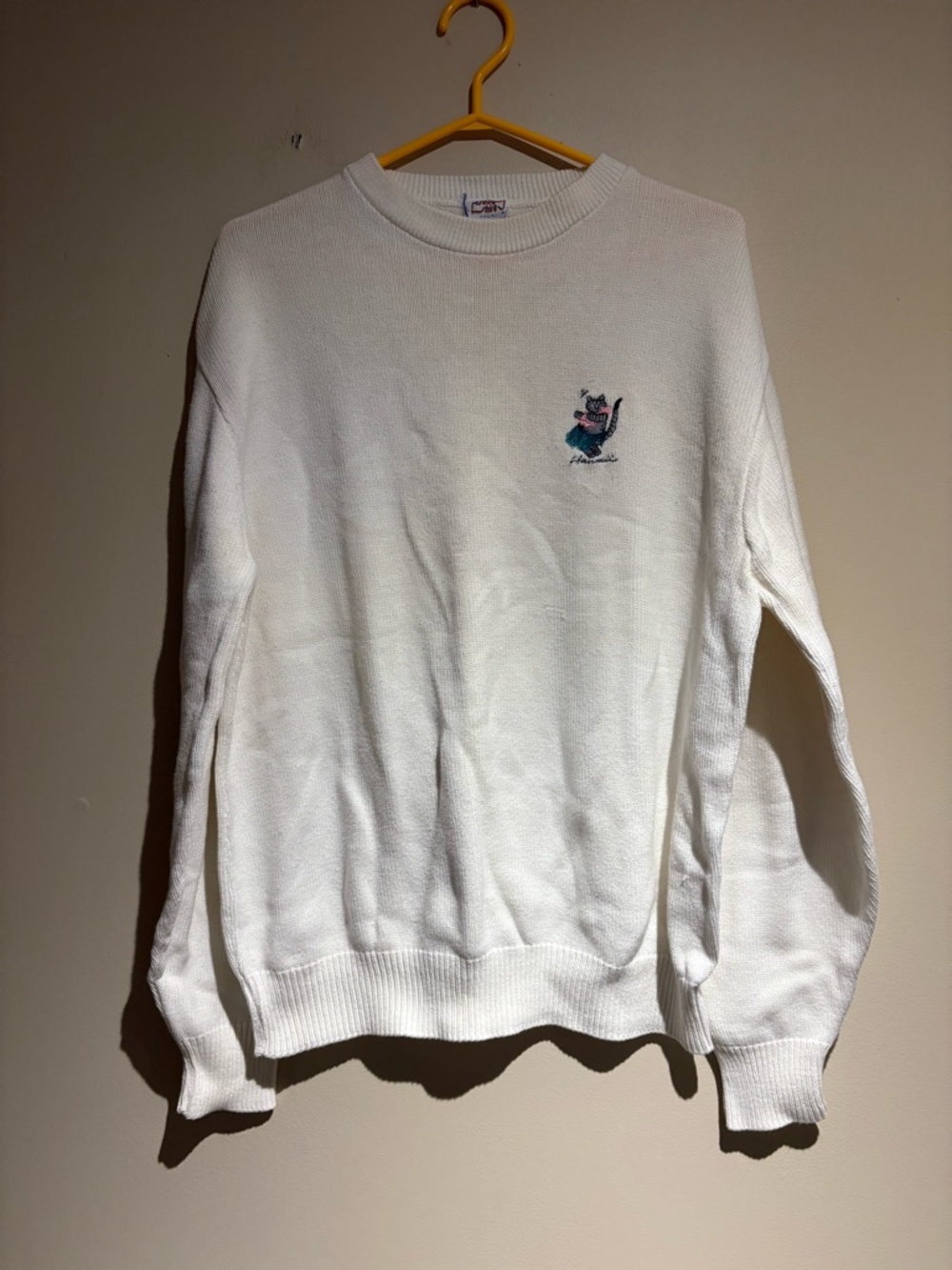 Vintage Crazy Shirts Hawaii Knit Crewneck Cat Size Large White Flaws